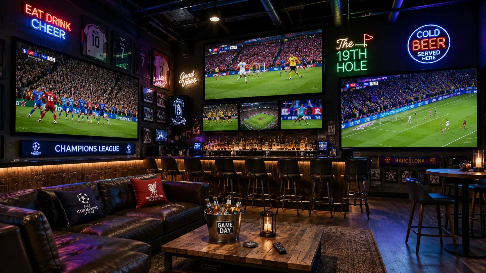 Multiple devices including Firestick, Smart TV, smartphone and tablet all displaying IPTV streaming content