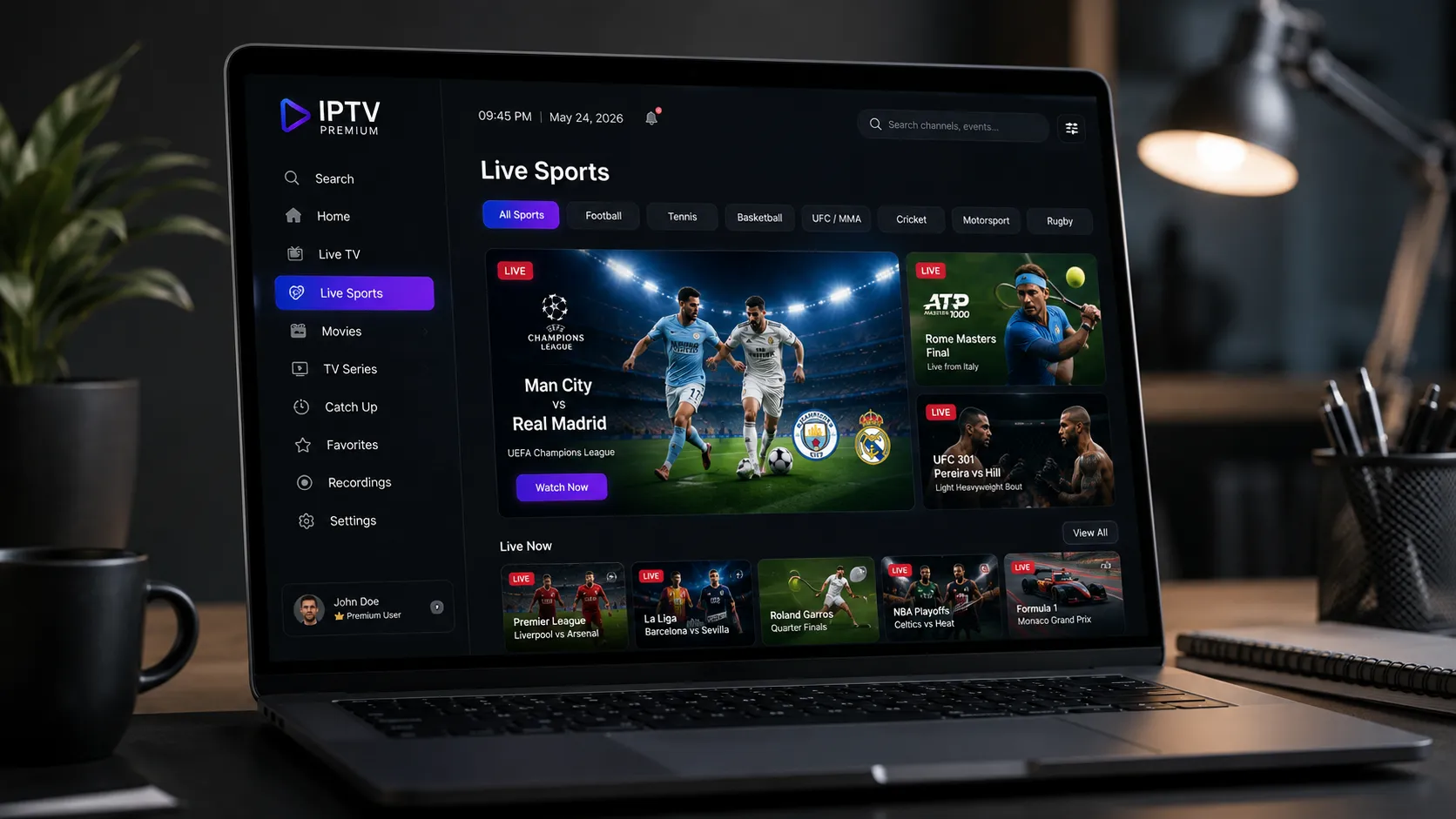 Premium IPTV streaming interface displayed on a modern Smart TV with crisp 4K picture